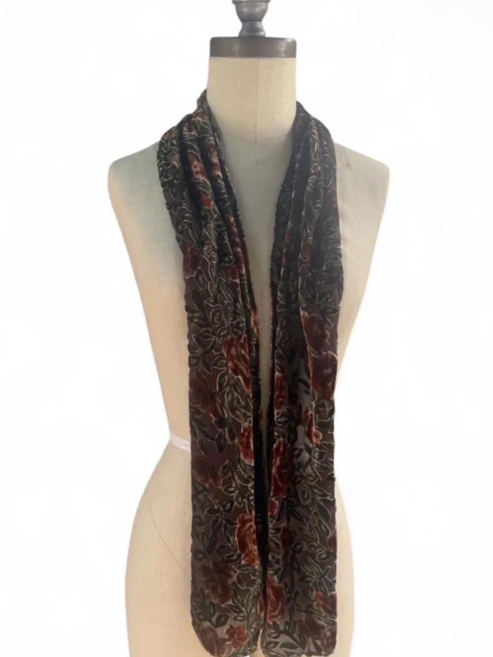 New York & Company Burnout Velvet Floral Scarf in Brown and Rust Silk Blend OS